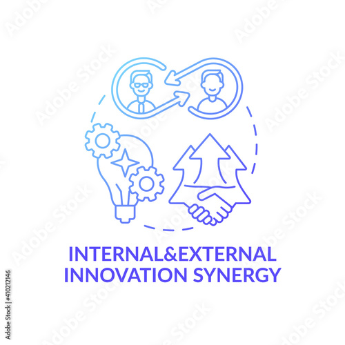 Internal and external innovation synergy concept icon. Open innovation benefits idea thin line illustration. Contributing solutions to invention process. Vector isolated outline RGB color drawing