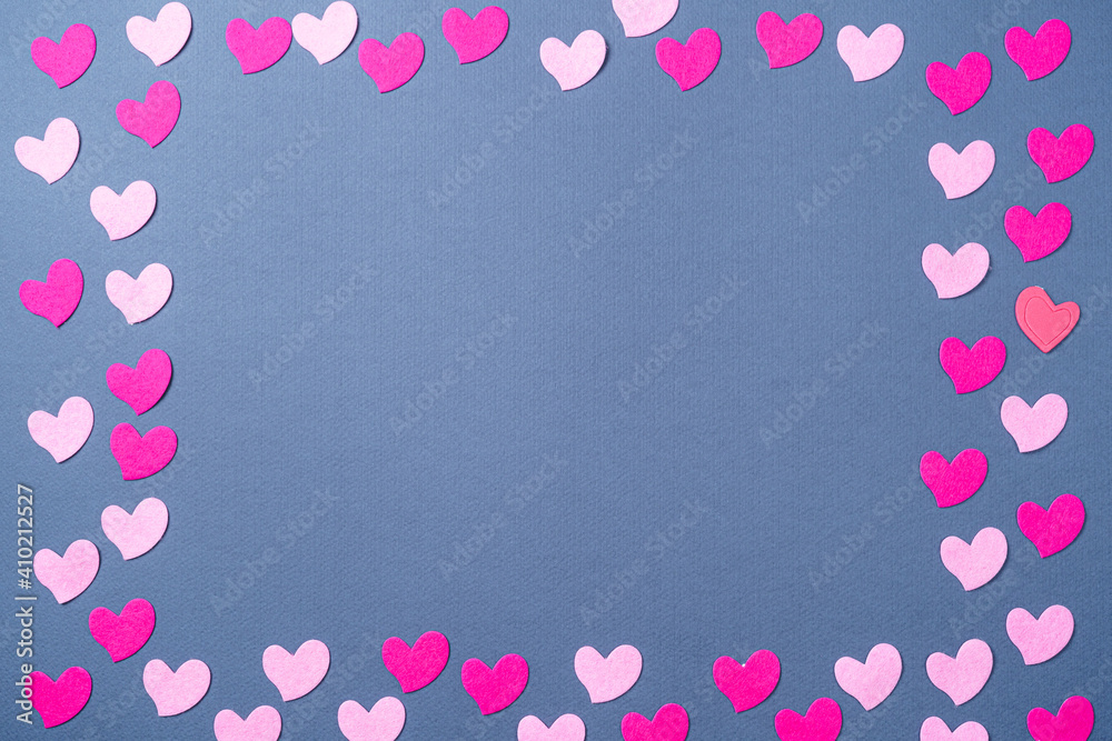 Elements in shape of hearts on dark blue background. Symbols of love for Happy Women's, Mother's, Valentine's Day, birthday greeting card design.