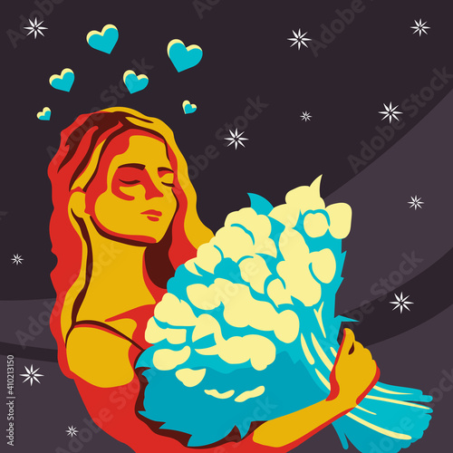 Wallpaper Mural Happy girl with a bouquet of flowers. A poster for International Women's Day, Valentine's Day, or books. Torontodigital.ca