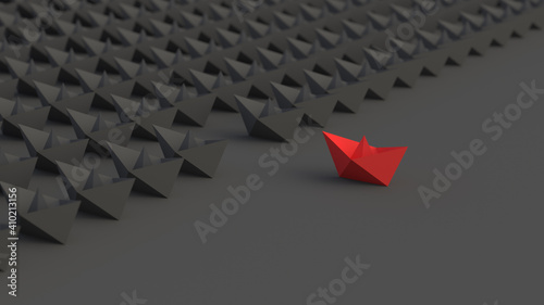 Leadership concept, red leader boat, standing out from the crowd of black boats, on black background. 3D Rendering