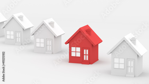 Red house among white houses, on white background. Hunting and searching concept. 3D Rendering