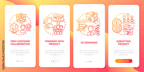 Co creation kinds onboarding mobile app page screen with concepts. Firm-customer cooperation, co-design walkthrough 4 steps graphic instructions. UI vector template with RGB color illustrations