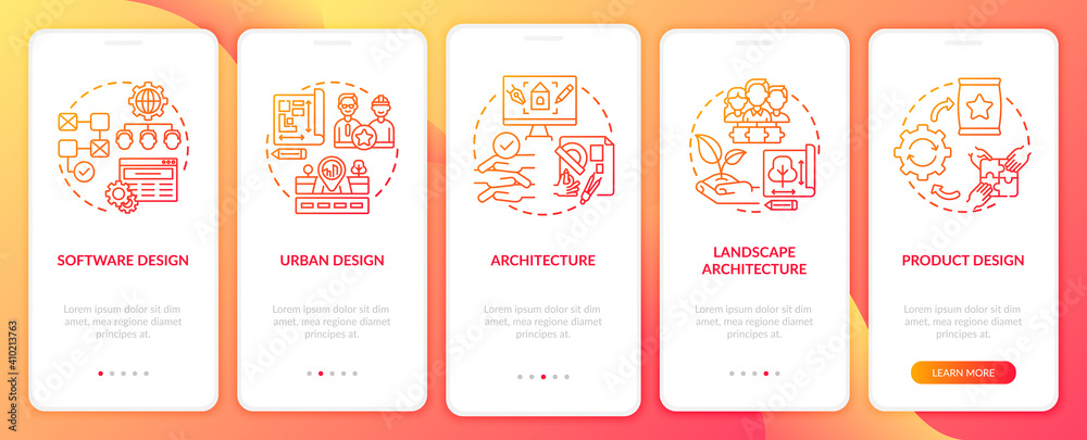 Co design application fields onboarding mobile app page screen with concepts. Software, landscape designing walkthrough 5 steps graphic instructions. UI vector template with RGB color illustrations