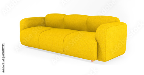 Modern soft yellow fabric sofa with wooden legs isolated on white background. Fashionable comfortable single piece of furniture. Stylish office fabric sofa. Luxury couch. Interior object photo