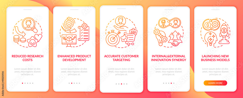 Open innovation pluses onboarding mobile app page screen with concepts. Synergy, client targeting walkthrough 5 steps graphic instructions. UI vector template with RGB color illustrations
