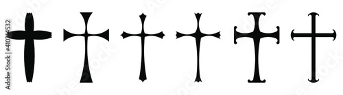 Vector collection of black ink or paint religion or faith cross symbol set isolated on white background. Abstract christian religious belief or faith art illustration for orthodox or catholic design