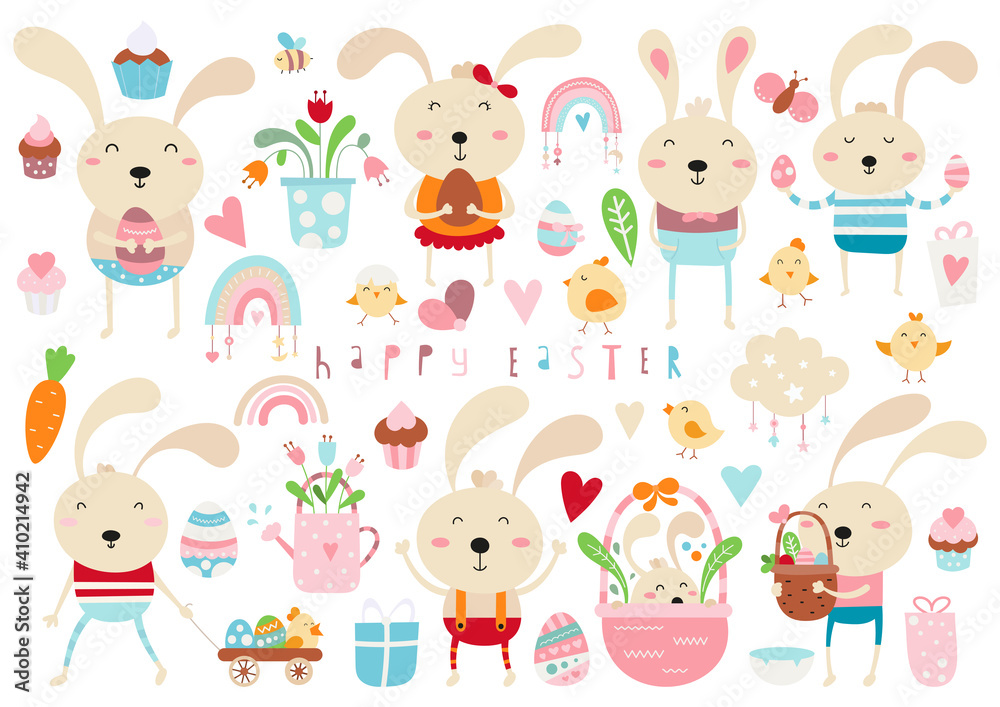 Obraz Happy Easter clipart - zajączek wielkanocny, pisklę, jajka, babeczki na wiosenny nastrój. Elementy Wielkanoc Niedziela na białym tle. Ilustracja wektorowa.