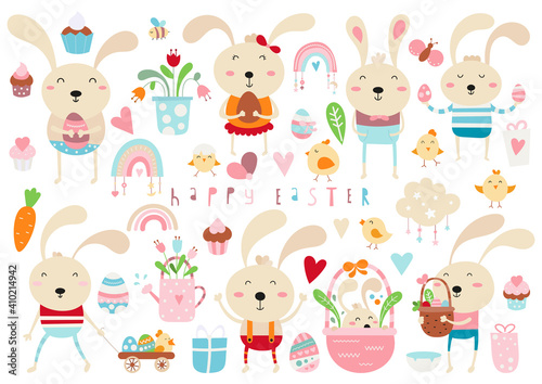 Fototapeta Naklejka Na Ścianę i Meble -  Happy Easter clipart - Easter bunny, chick, eggs, cupcakes for spring mood. Easter sunday elements isolated on white background. Vector illustration.