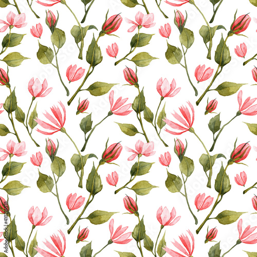 Seamless pattern with hand painted pink flowers. Botanical wallpapers