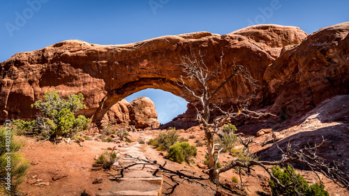 The North Window Arch, one of the many large Sandstone Arches in Arches National Park Utah, United States