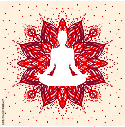 Meditating woman. Muladhara chakra affirmation. Vector illustration