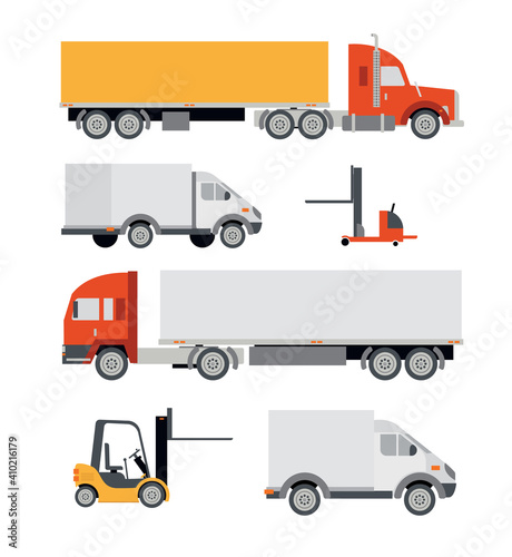 Vector illustration in a flat style icons cargo transportation goods by road trucks, loading and unloading of goods lift trucks, varieties forklifts

