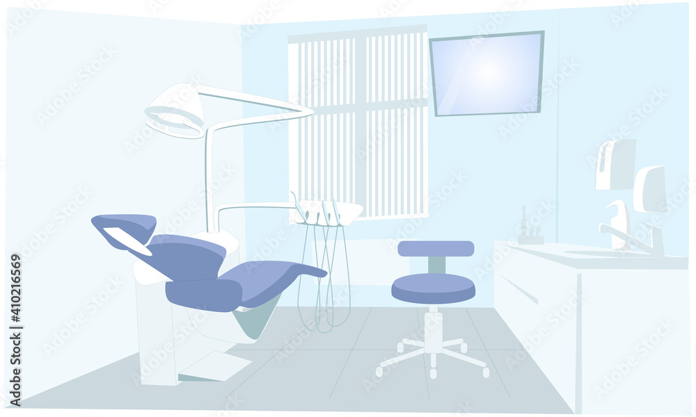 Illustration of the interior of a dental office. Empty dental office with a chair, general view. Doctor's office. Medicine and equipment. Vector flat illustration Illustration of the interior of a dental office. Empty dental office with a chair, general view. Doctor's office. Medicine and equipment. Vector flat illustration