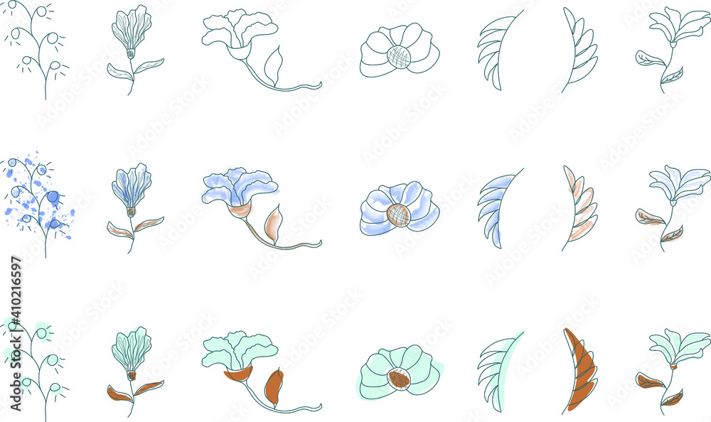 Obraz premium Set of outline botanical doodles. The abstract graphic elements of continuous line drawing transparent and with watercolor