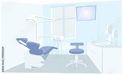 Illustration of the interior of a dental office. Empty dental office with a chair, general view. Doctor's office. Medicine and equipment. Vector flat illustration