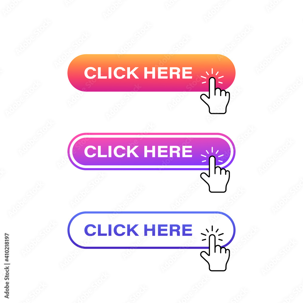 Click here button set with hand pointer clicking. Vector illustration Click here button set with hand pointer clicking. Vector illustration