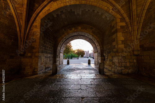 Access tunnel to the city of Burgos through the main wall. Night photo. Spain