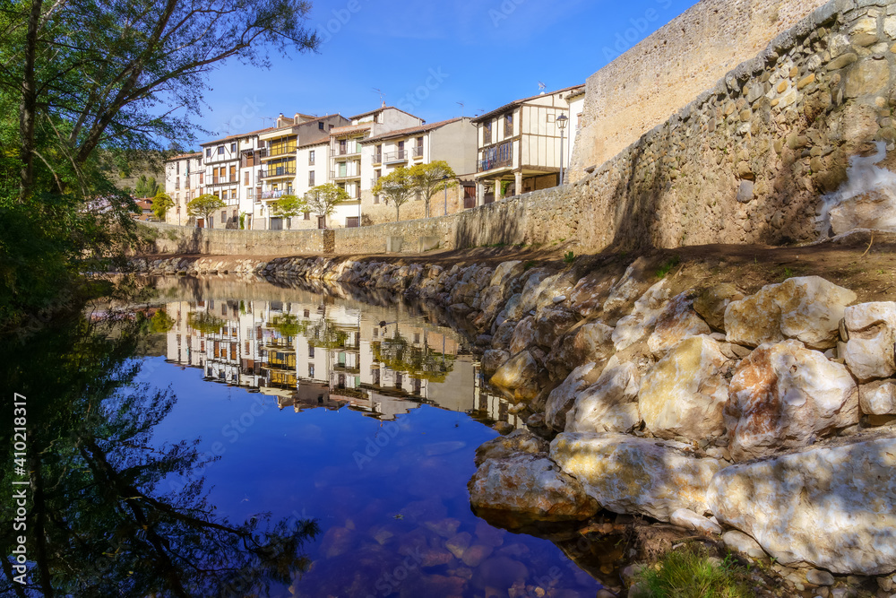Arlazón River as it passes through the town of Covarrubias in Spain. Europe