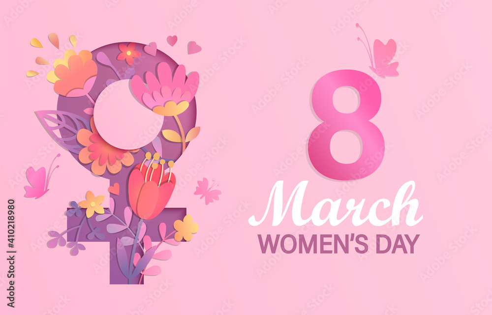 International Women's Day banner, flyer.Card for March 8 decorating by paper flowers in papercut female symbol. Congratulating card for newsletter, brochures,postcards.Vector illustration.
