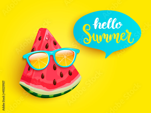 Hipster watermelon in orange sunglasses greeting summer on yellow background. Welcome banner for hot season. Hello party, fun and picnics. Bright poster with exotic fruit. Vector illustration.