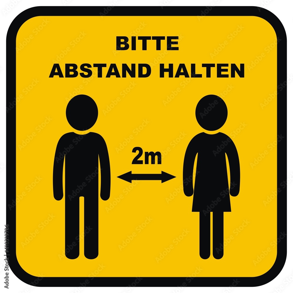 Keep safe distance, yellow label at black frame, black silhouette, vector icon, German language