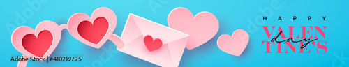 Happy Valentine's Day web banner illustration in realistic 3d papercut style. Paper craft heart sunglasses and love letter. Romantic february 14 holiday event design.