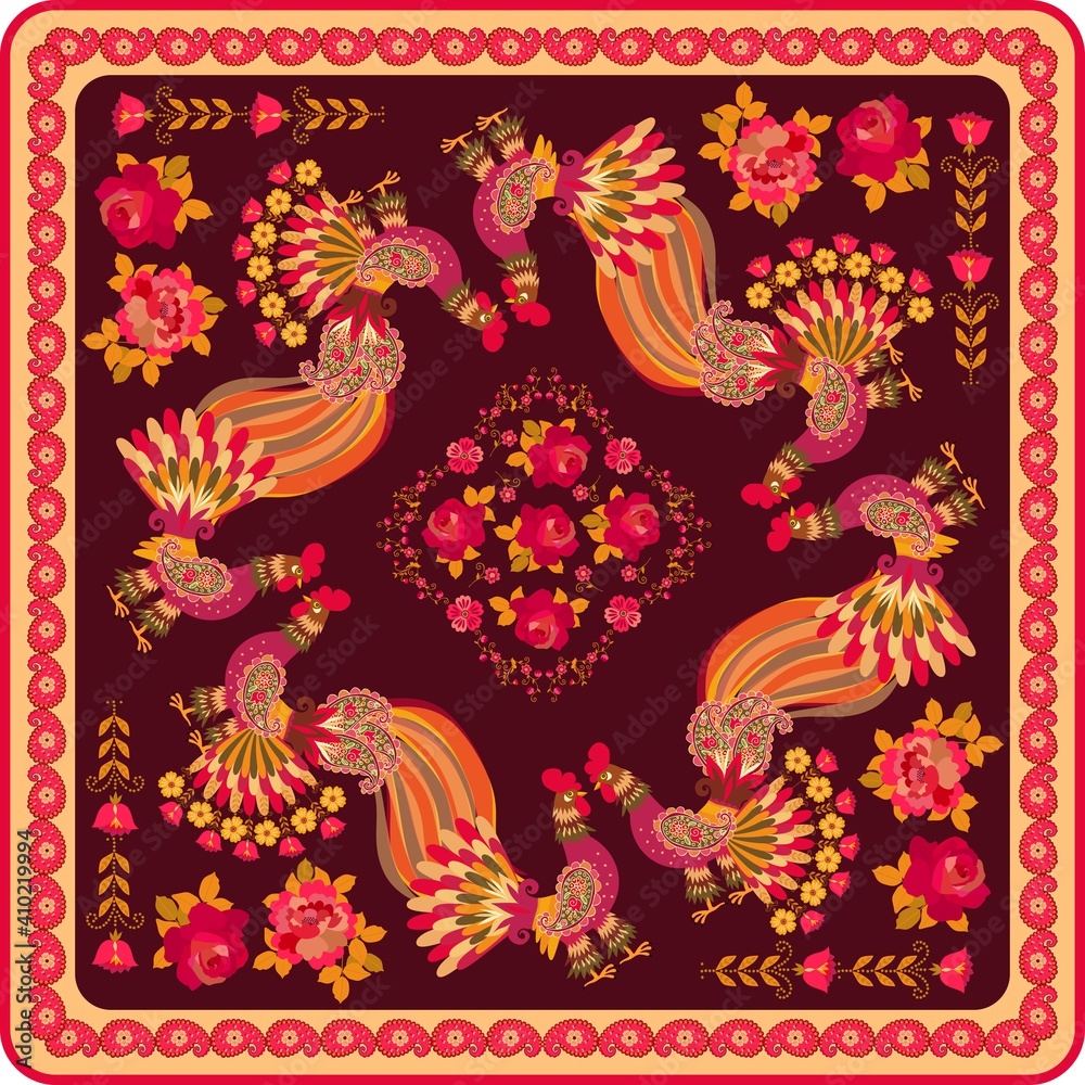 Shawl with fabulous birds, red roses and paisley border in folk style. Russian motif.