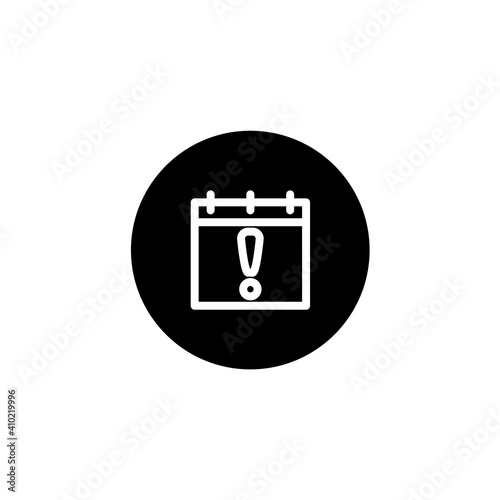 Calendar with warning sign icon in black round style. Vector icon pixel perfect
