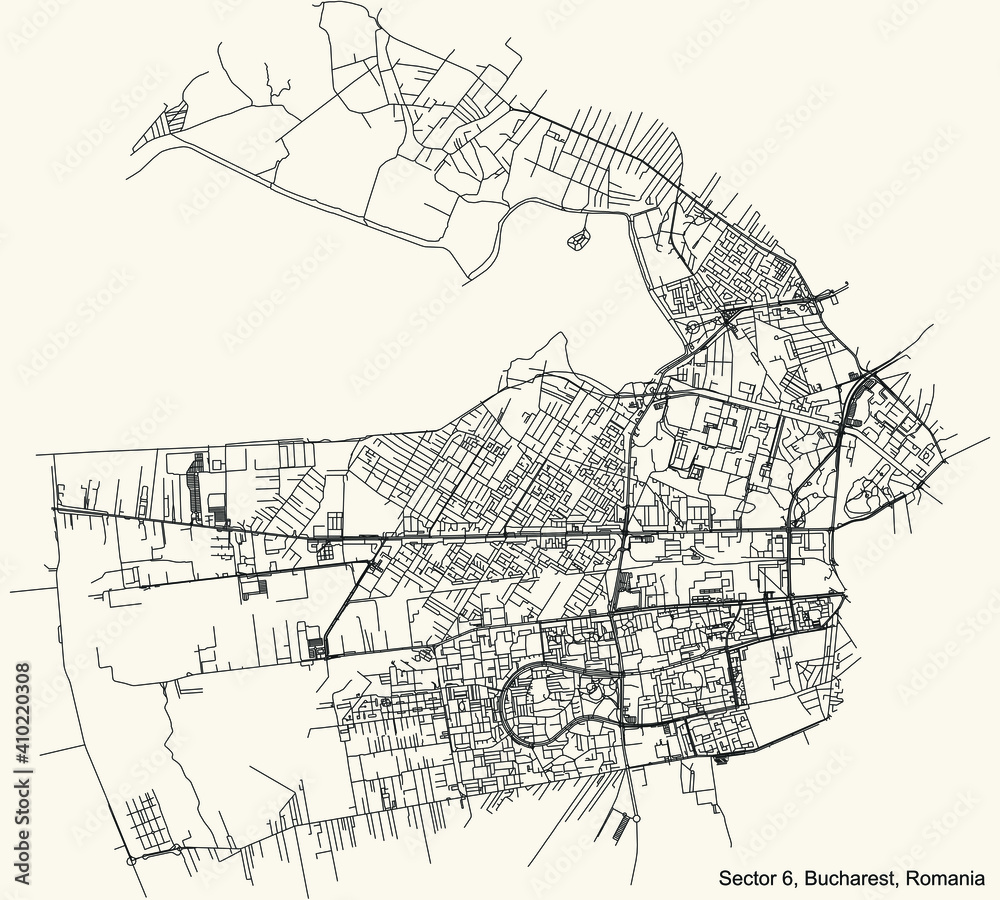 Fototapeta premium Black simple detailed street roads map on vintage beige background of the neighbourhood Sector 6, Bucharest, Romania