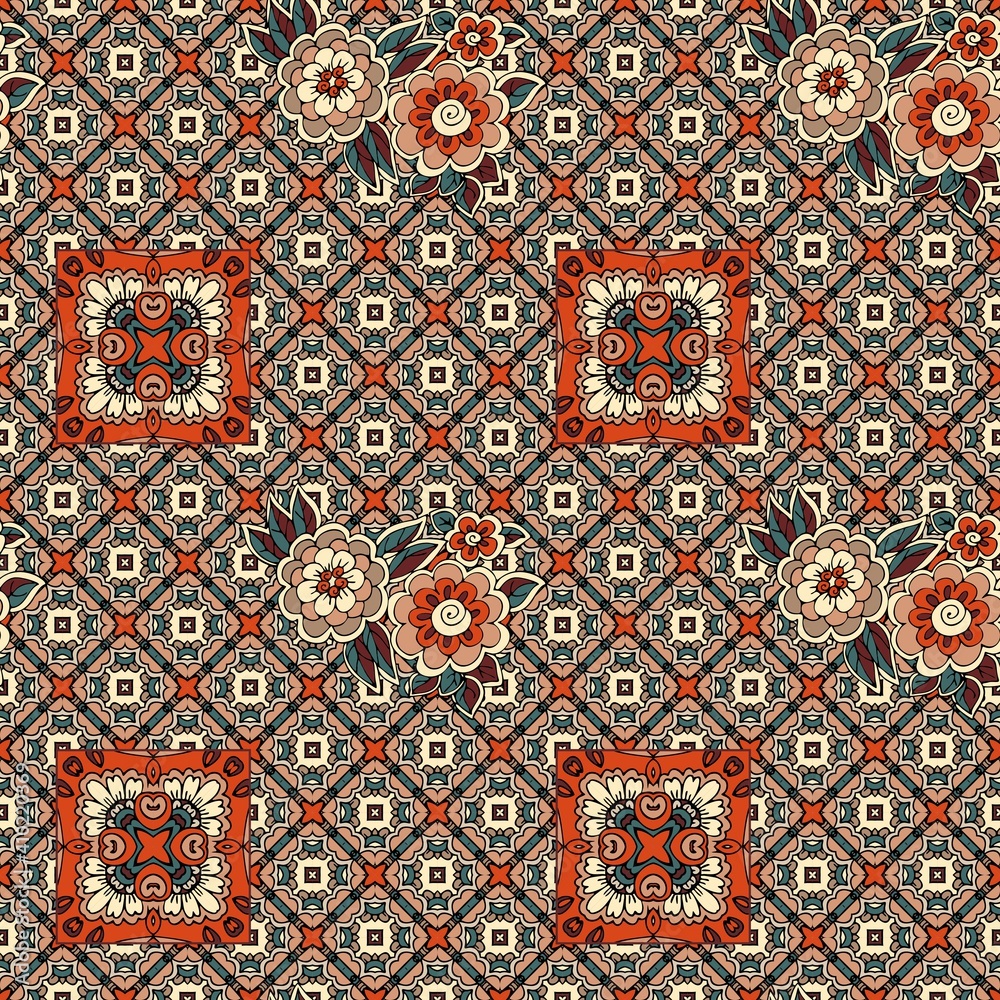 Motley seamless geometric pattern with small bunch of flowers. Wallpaper, print for fabric, tapestry. Motley seamless geometric pattern with small bunch of flowers. Wallpaper, print for fabric, tapestry.