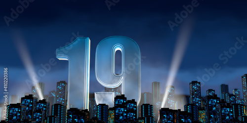 Number 19 in thick blue font lit from below with floodlights floating in the middle of a city center with tall buildings with lights on at night with cloudy sky. 3D Illustration