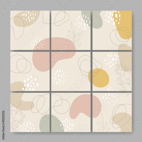 Set of nine vector square backgrounds with abstract forms and leaves ornament