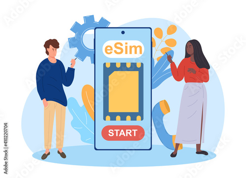 Male and female characters are using smartphones with esim. Man and woman insert embedded-SIM card. Flat cartoon vector illustration