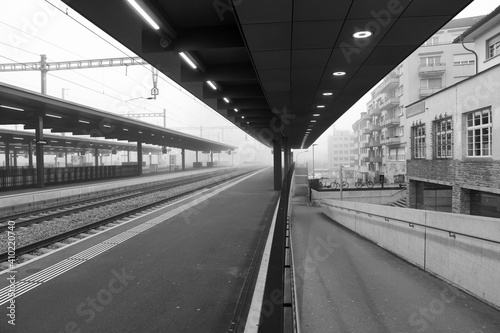 Empty railway station at Zurich, Switzerland, black and white.