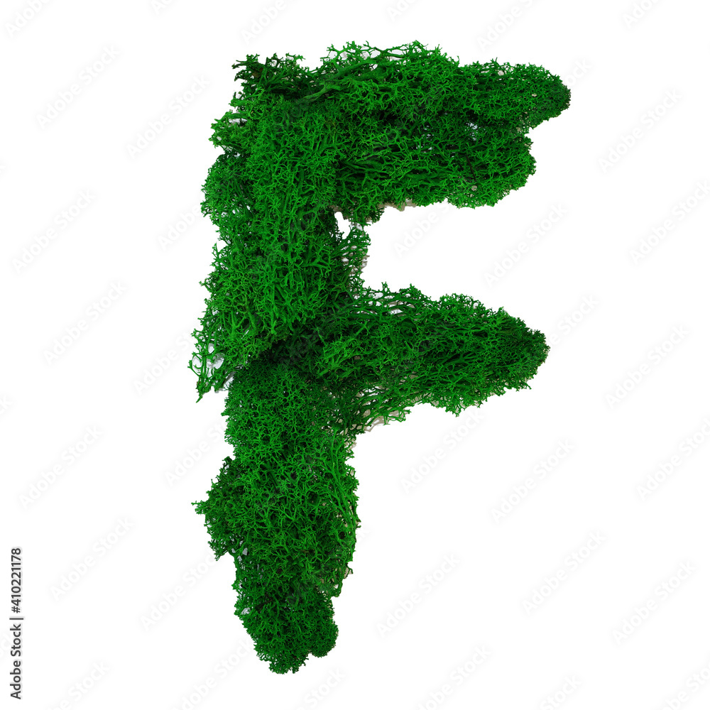 Letter F of the English alphabet made from green stabilized moss, isolated on white background Letter F of the English alphabet made from green stabilized moss, isolated on white background