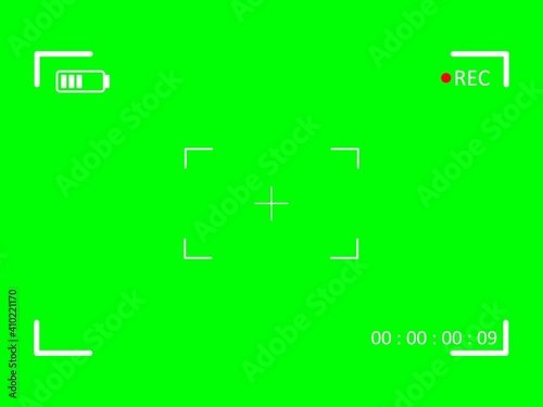 Green frame of included camera with video shooting parameters. Chroma key with viewfinder cross and resoluton photo quiality indicators. Digital zoom for modern vector bloggers.