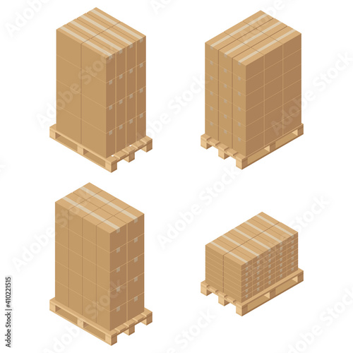 Isometric cardboard boxes on wooden pallet. Cargo box. Isolated on white background. Vector illustration in flat style.