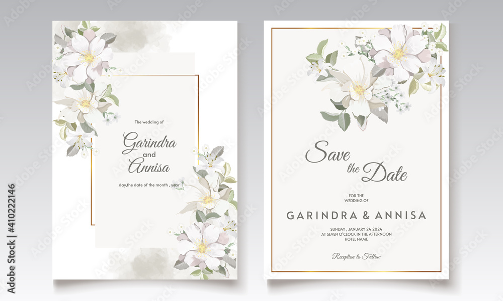 Floral wedding invitation template set with white flower and leaves  decoration Premium Vector Stock Vector | Adobe Stock