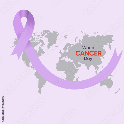 Vector illustration of lavander ribbon on map of the world background with an inscriprion World Cancer Day. Cancer awareness. World Cancer Day concept