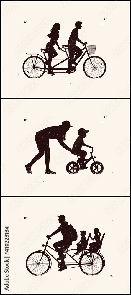 Obraz premium People on bike silhouettes set. Couple on bicycle. Mother and child
