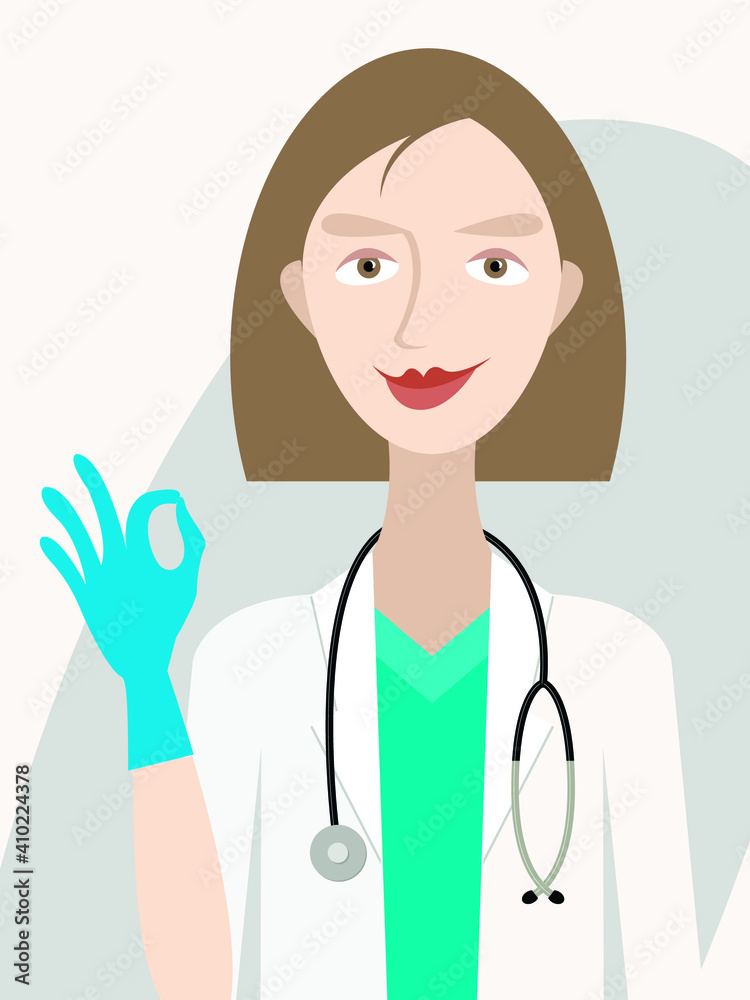 Vector graphics-portrait of a young female doctor in a white medical uniform with a stethoscope and showing a gloved hand sign of approx.. Concept - everything will be fine. Vector graphics-portrait of a young female doctor in a white medical uniform with a stethoscope and showing a gloved hand sign of approx.. Concept - everything will be fine.