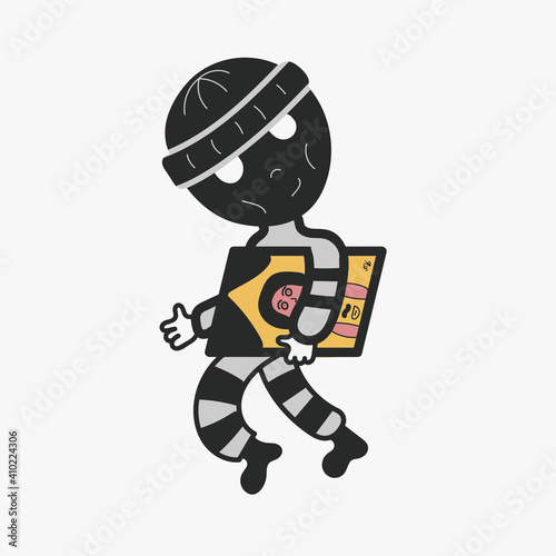Robber in mask stole the picture from museum or gallery. Colorful flat cartoon robber, vector