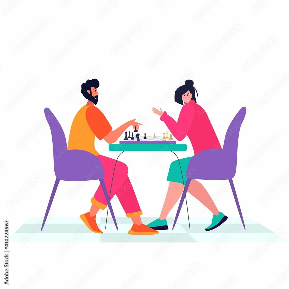 Chess game. Trendy flat illustration. People play chess. Chess pieces.