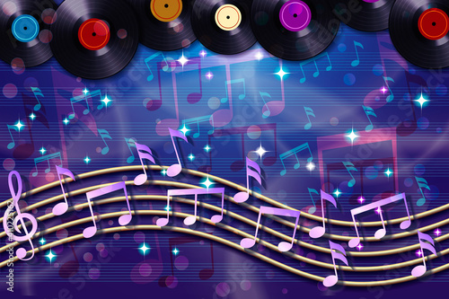 Abstract musical background with random notes on the musical staff and retro vinyl records.