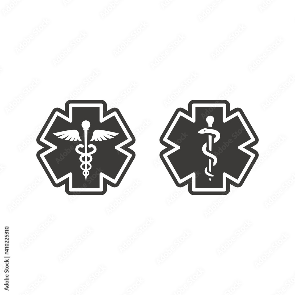 First aid, medical emergency vector symbol. Rod of asclepius or aesculapius and Caduceus with snake, ems icon. First aid, medical emergency vector symbol. Rod of asclepius or aesculapius and Caduceus with snake, ems icon.
