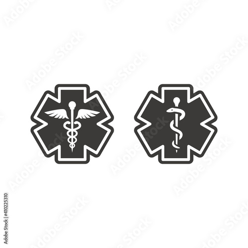 First aid, medical emergency vector symbol. Rod of asclepius or aesculapius and Caduceus with snake, ems icon.