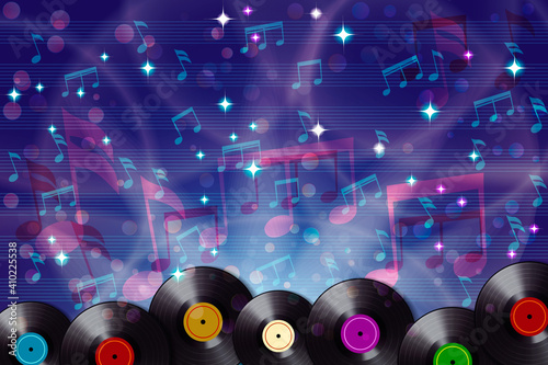 Abstract musical background with notes  and retro vinyl records. 
