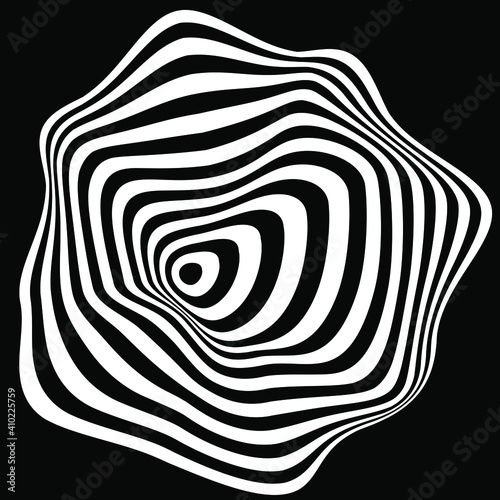 Abstract white distorted stripes in ring form. Vector illustration. Design element for logo, sign, symbol, blackout tattoo, web pages, prints, template, monochrome pattern and abstract background