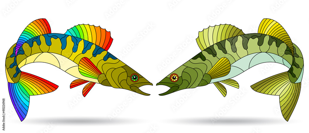 A stained glass illustration with abstract pike perch fishes isolated on a white background