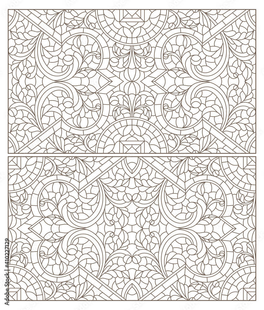 Obraz premium Set contour illustrations of stained glass with abstract swirls and flowers , horizontal orientation